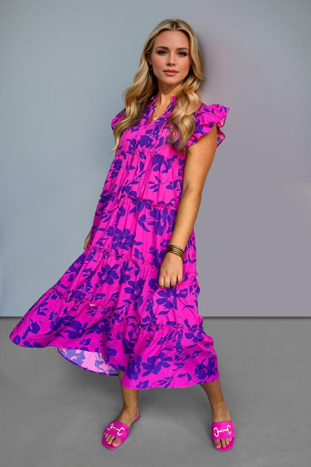 Full Size Ruffled Printed Notched Cap Sleeve Midi Dress