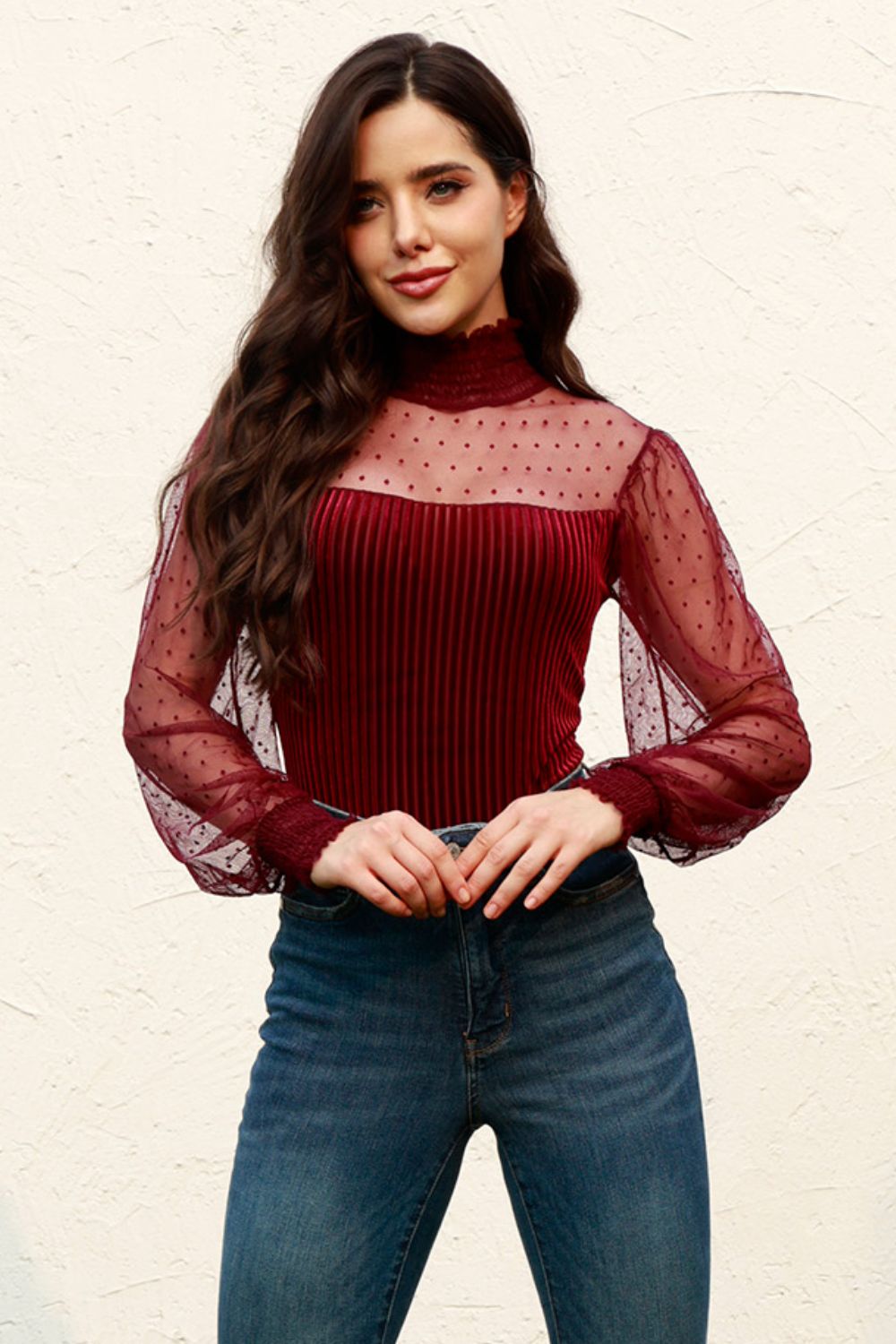 Mesh Long Sleeve Velvet Bodysuit - p9nstyle