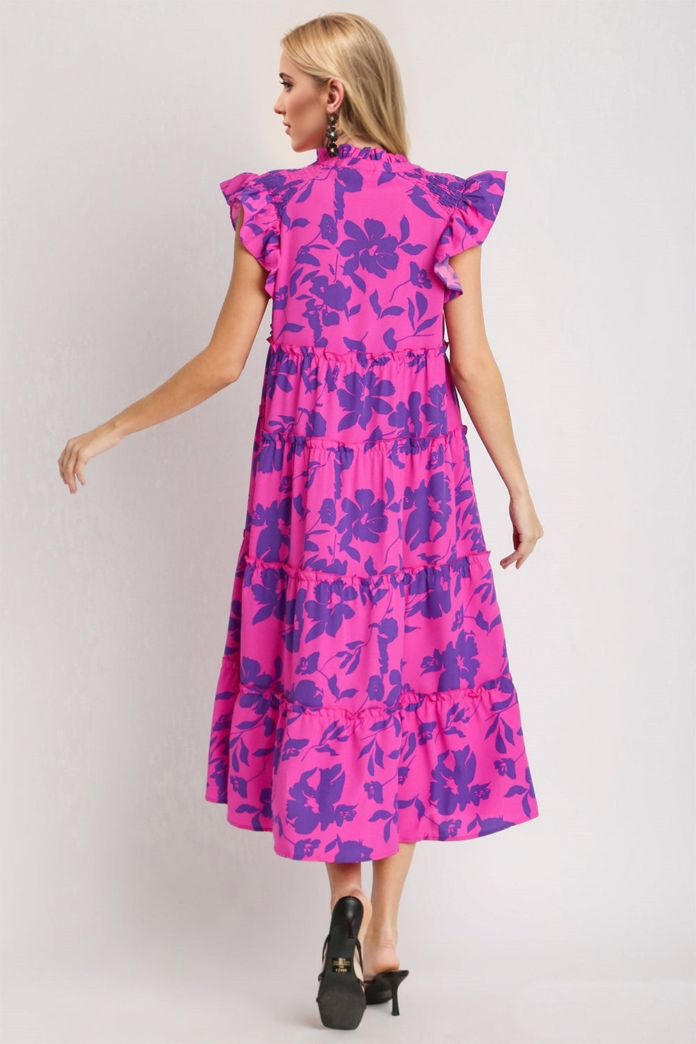 Full Size Ruffled Printed Notched Cap Sleeve Midi Dress