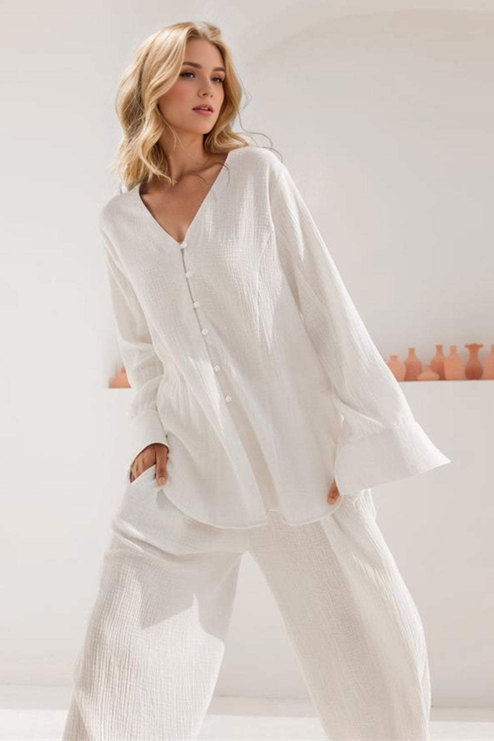 Buttery-Soft V-Neck Long Sleeve Top and Pants Set