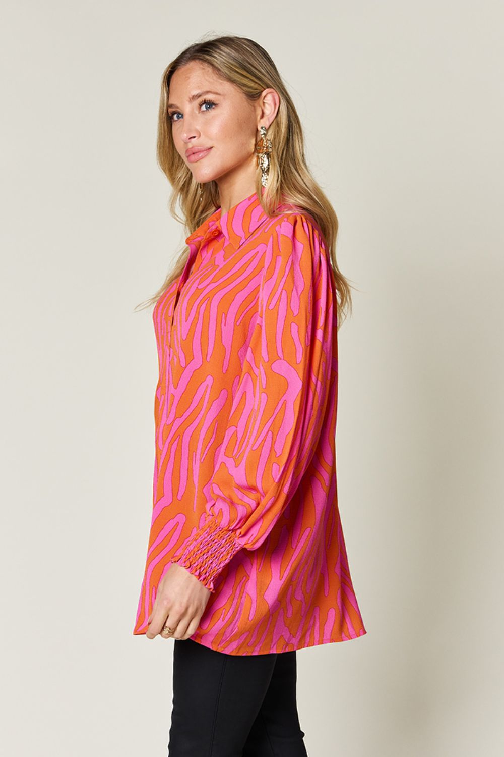 Printed Smocked Long Sleeve Blouse