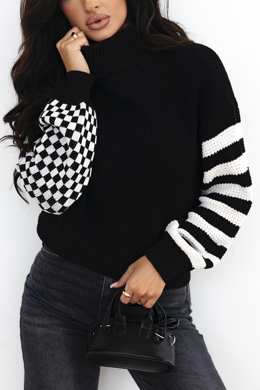 Striped & Checkered  Dropped Shoulder Sweater