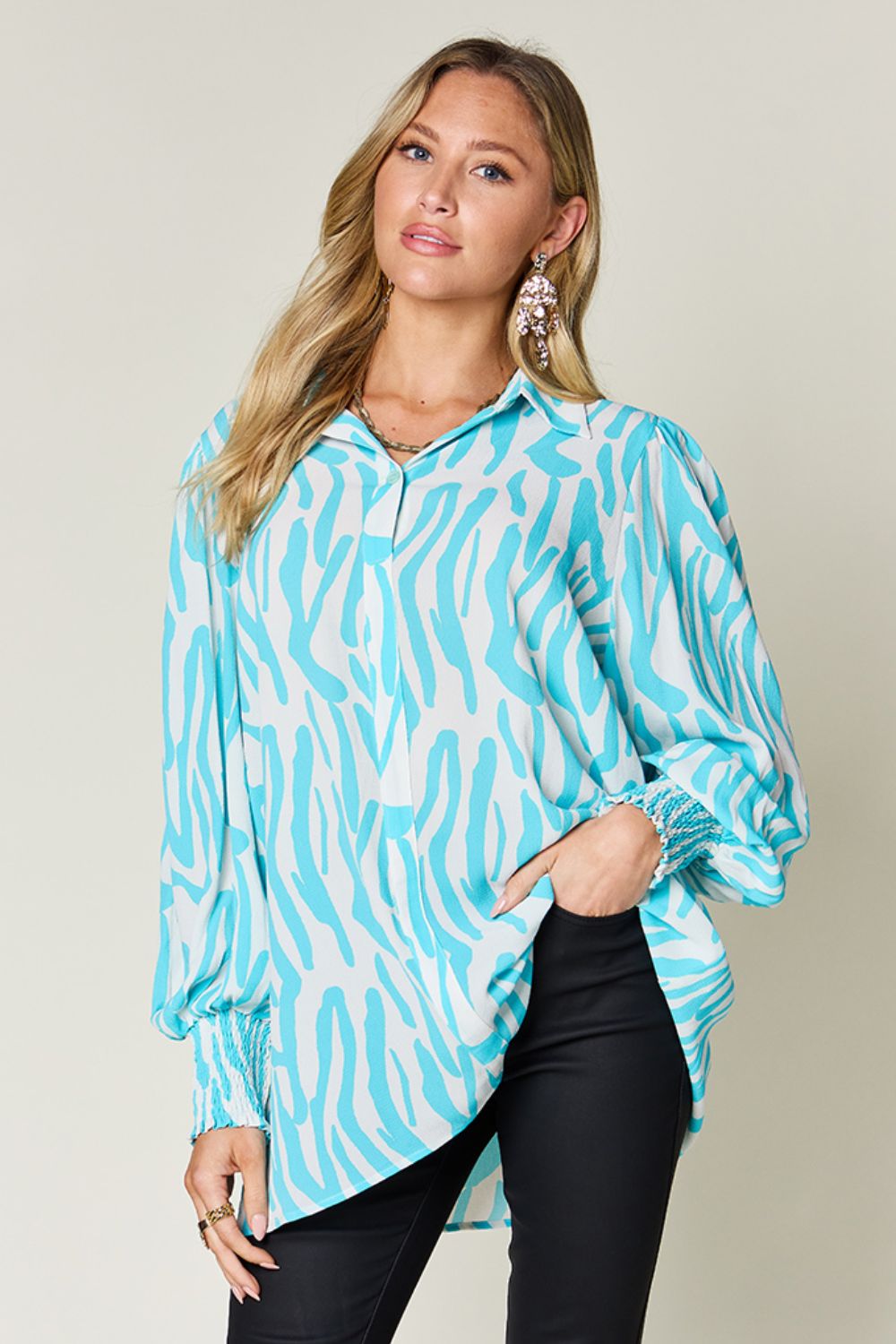 Printed Smocked Long Sleeve Blouse