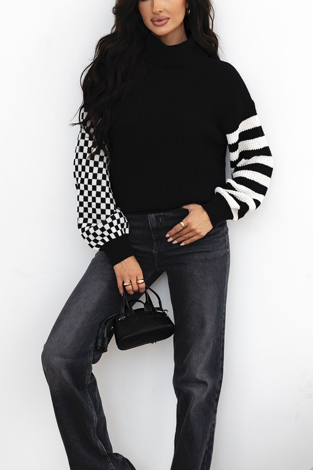 Striped & Checkered  Dropped Shoulder Sweater