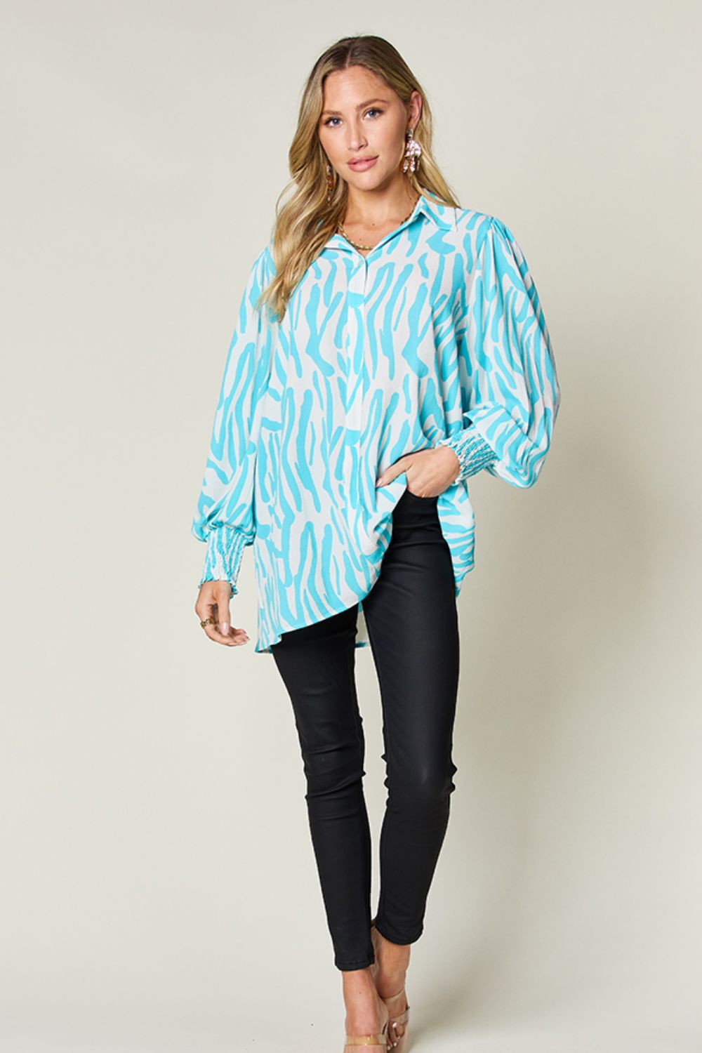 Printed Smocked Long Sleeve Blouse