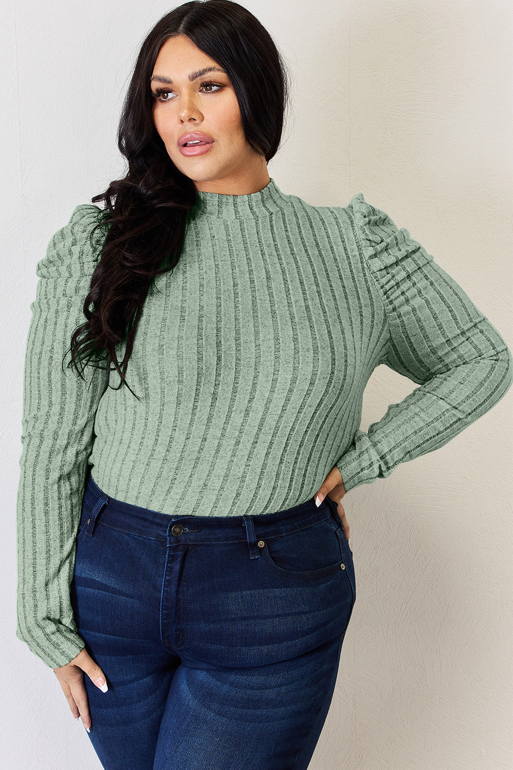 Ribbed Mock Neck Puff Sleeve T-Shirt