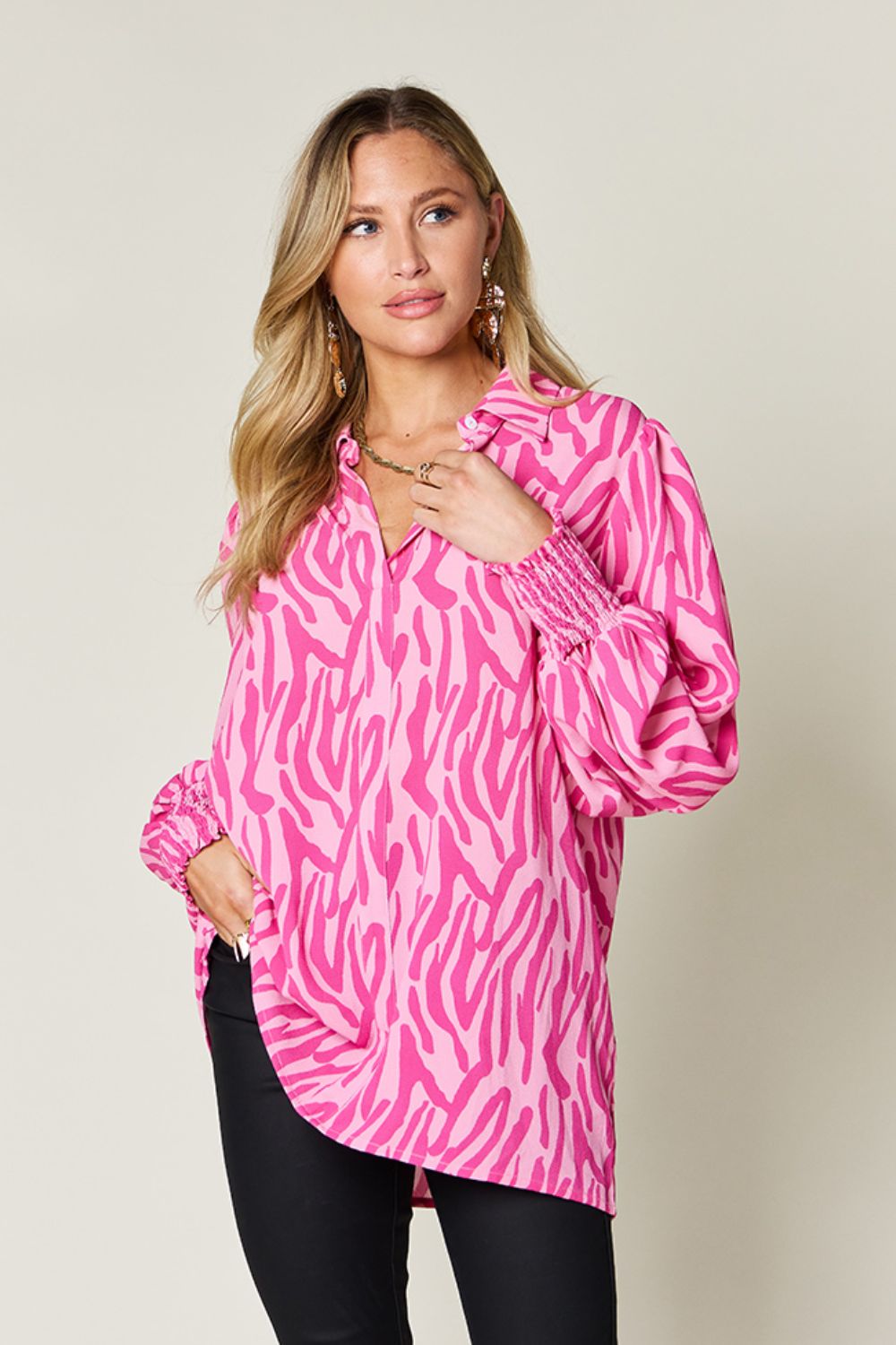 Printed Smocked Long Sleeve Blouse