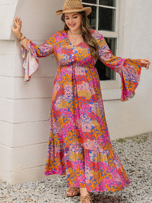 Printed V-Neck Long Sleeve Maxi Dress