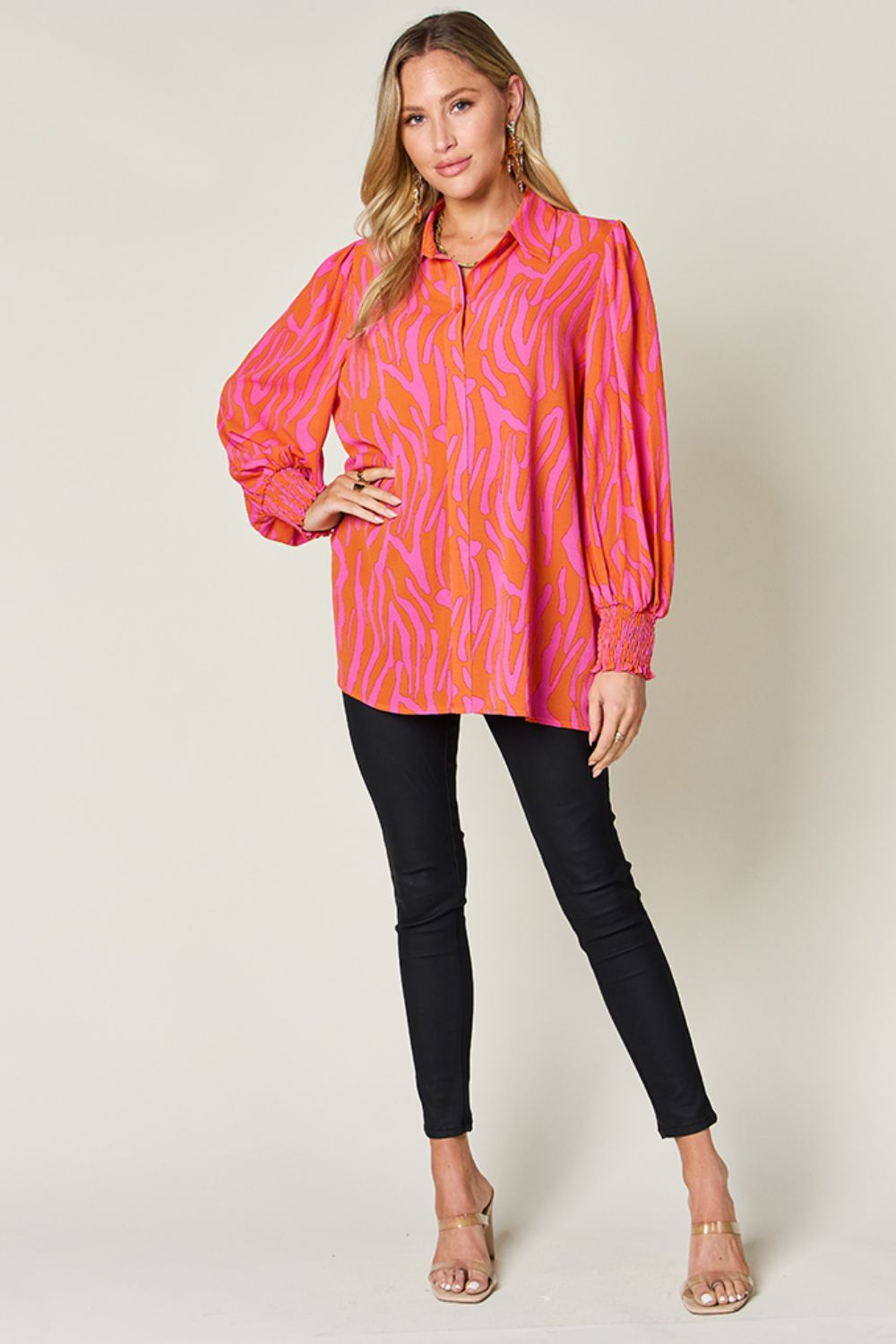 Printed Smocked Long Sleeve Blouse