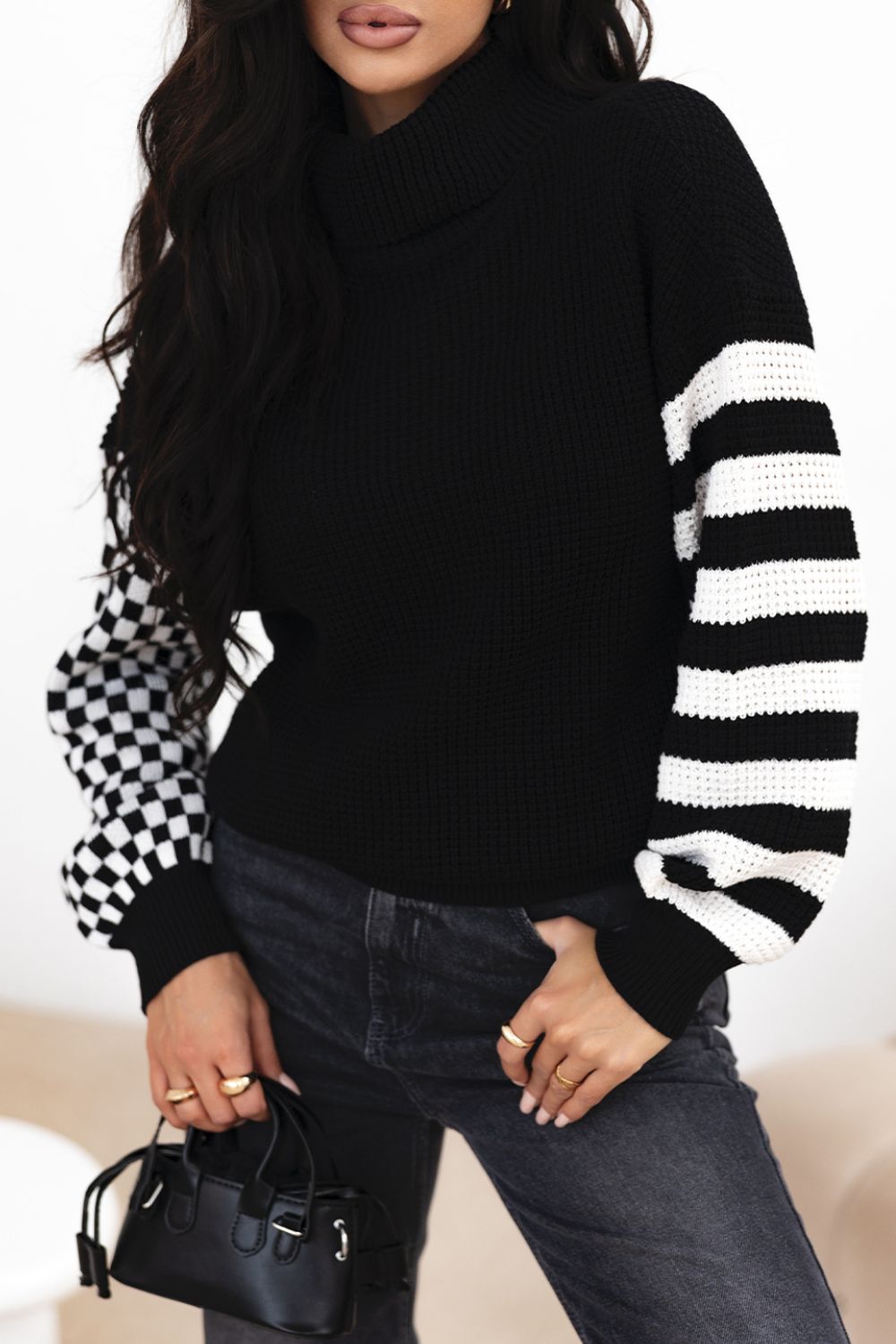 Striped & Checkered  Dropped Shoulder Sweater