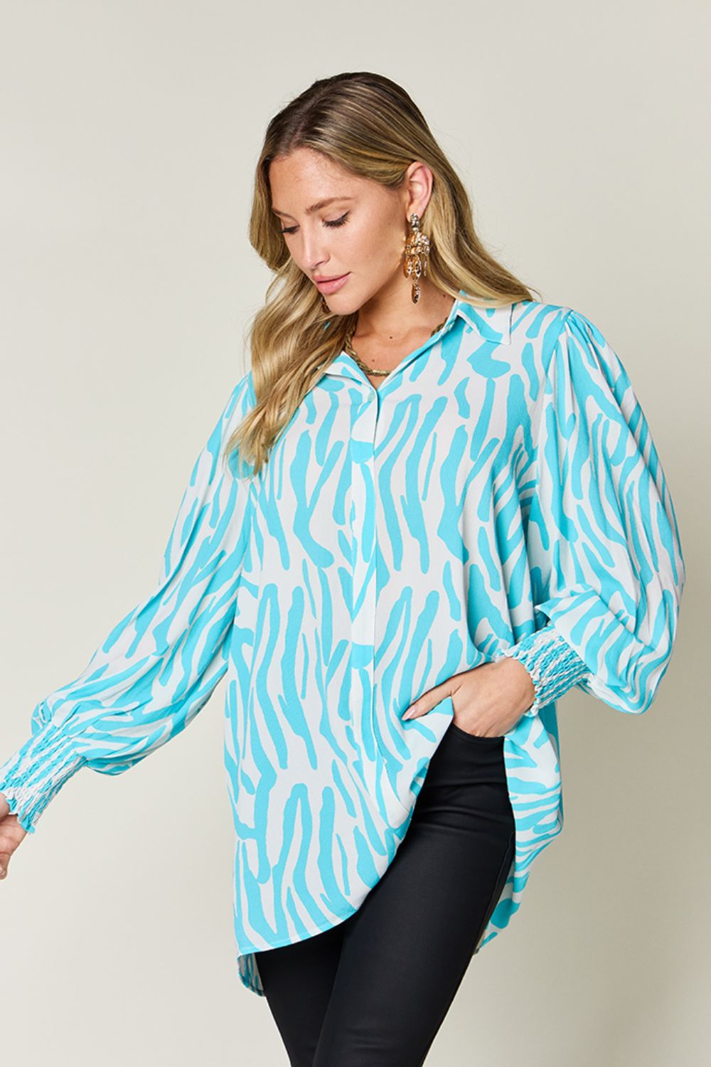 Printed Smocked Long Sleeve Blouse