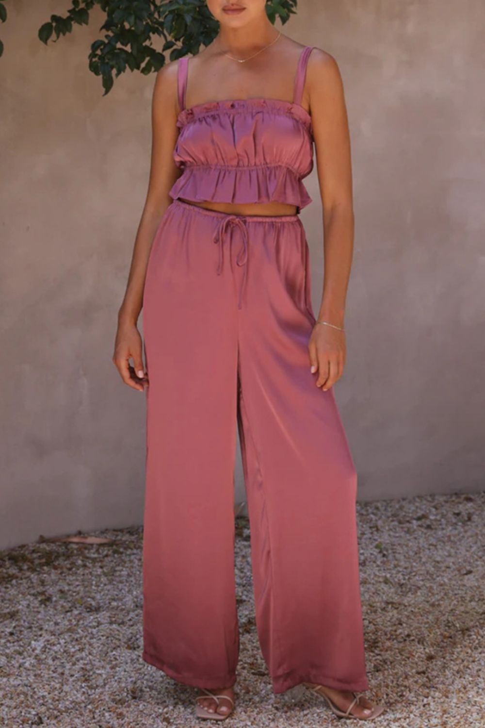 Ruffled Sleeveless Top and Wide Leg Pants Set