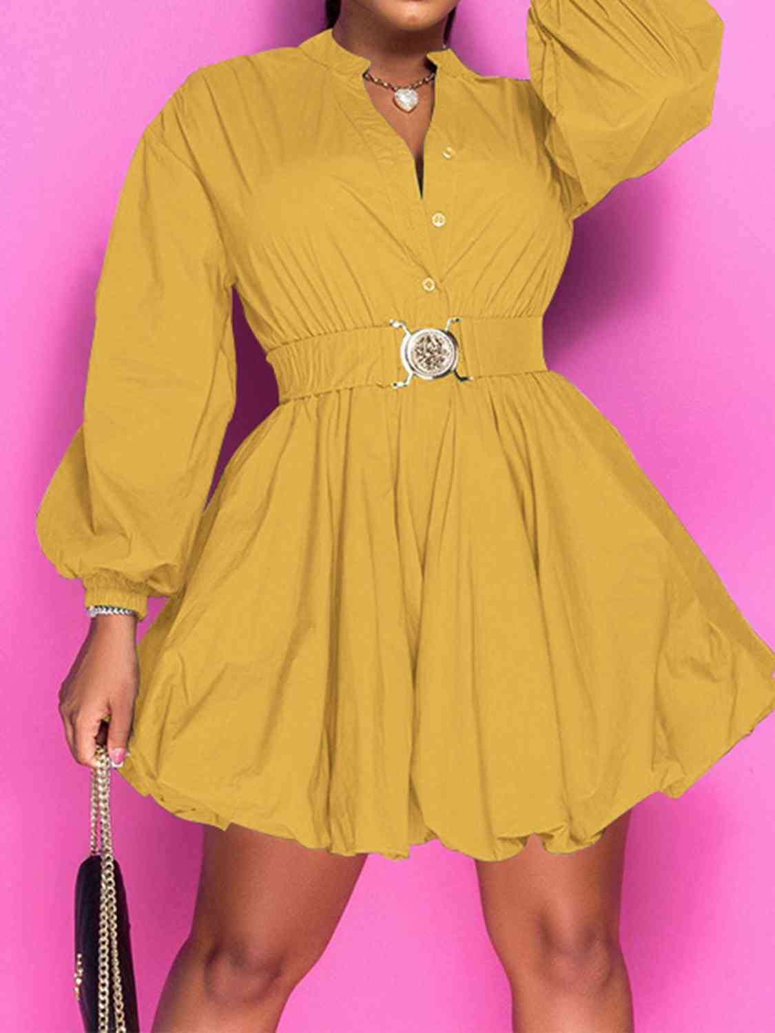 Button Up Balloon Sleeve Dress - p9nstyle