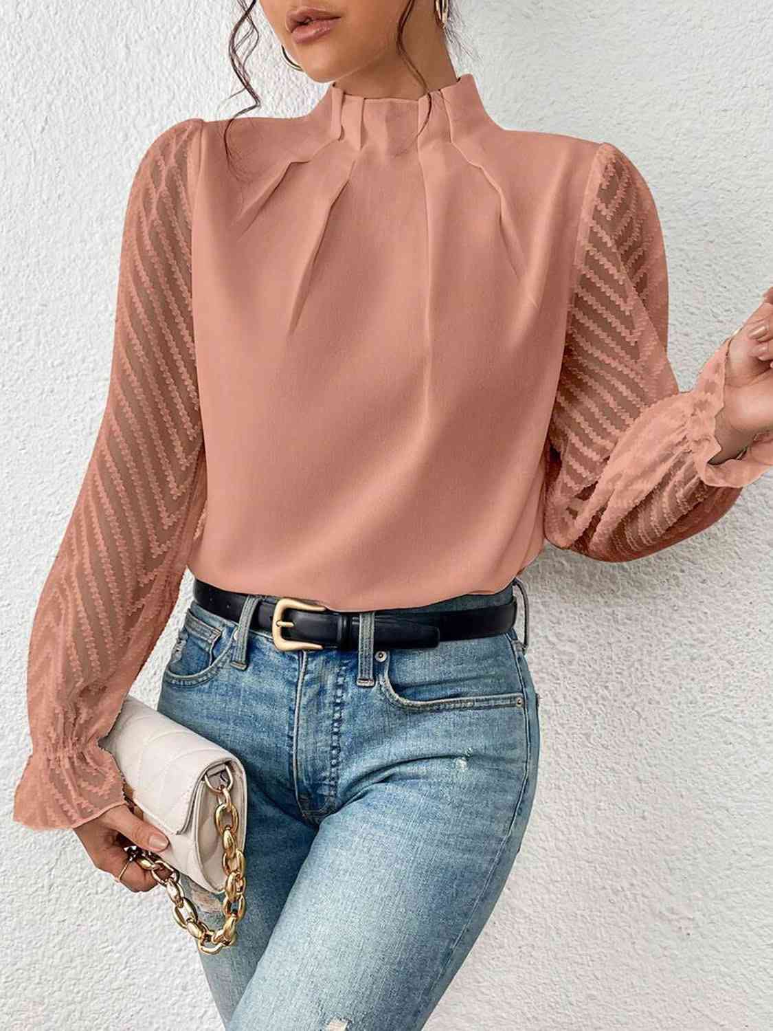 Mock Neck Flounce Sleeve Blouse - p9nstyle