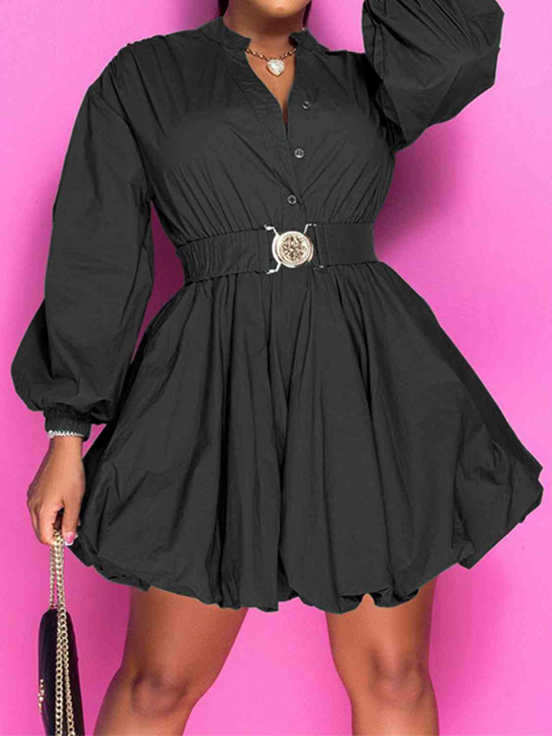 Button Up Balloon Sleeve Dress - p9nstyle