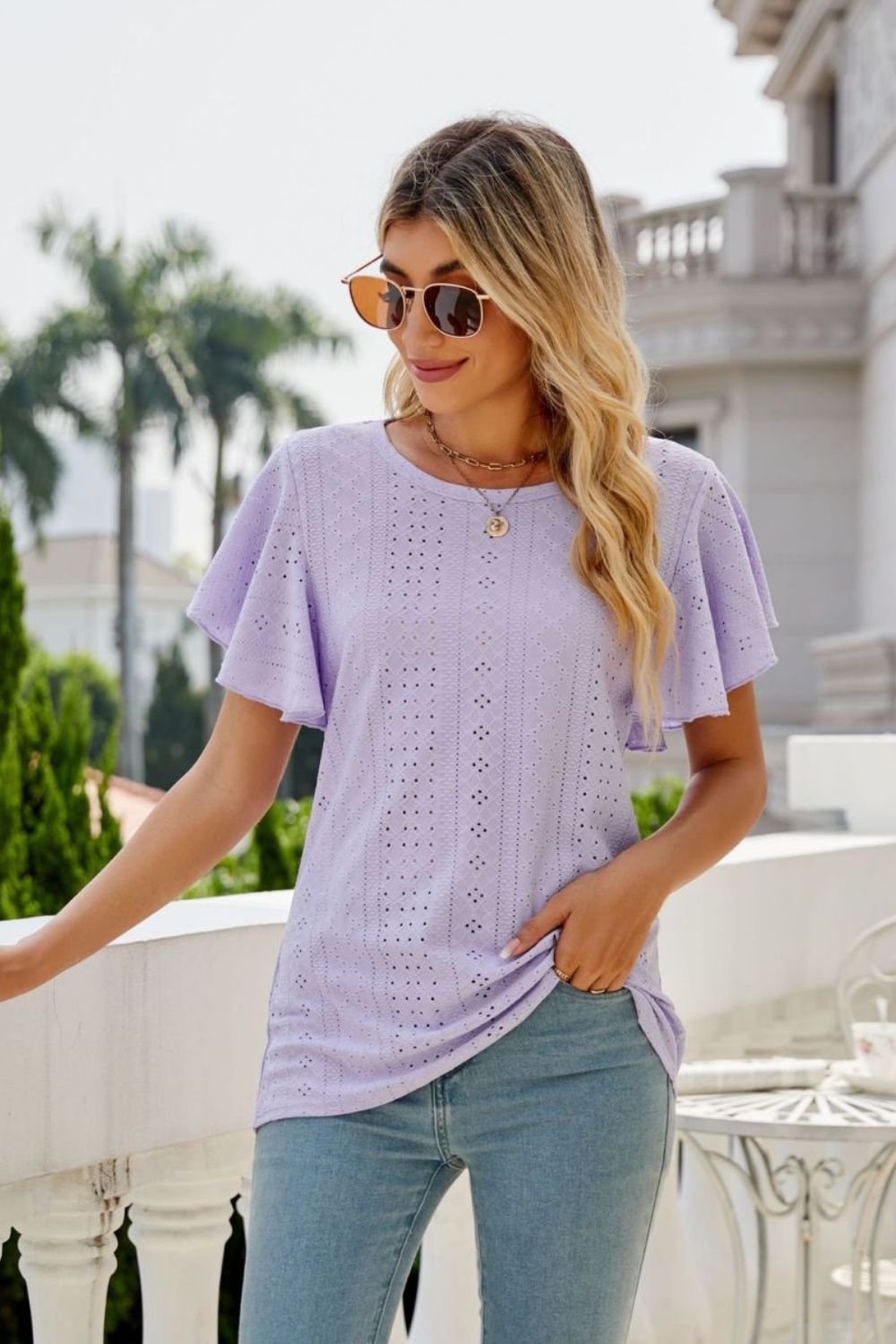 Eyelet Flutter Sleeve Round Neck Top - p9nstyle