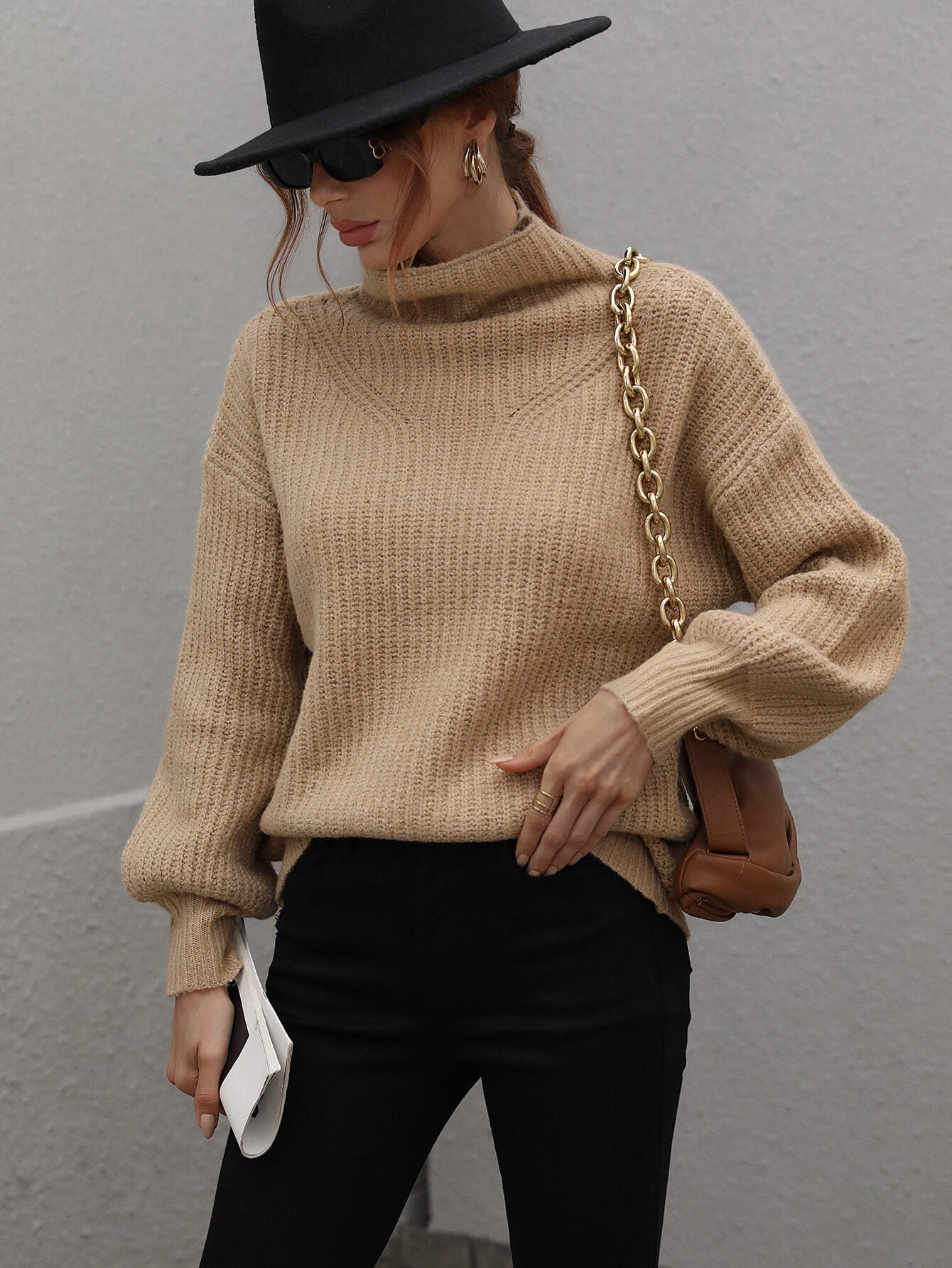 High Neck Balloon Sleeve Rib-Knit Pullover Sweater - p9nstyle