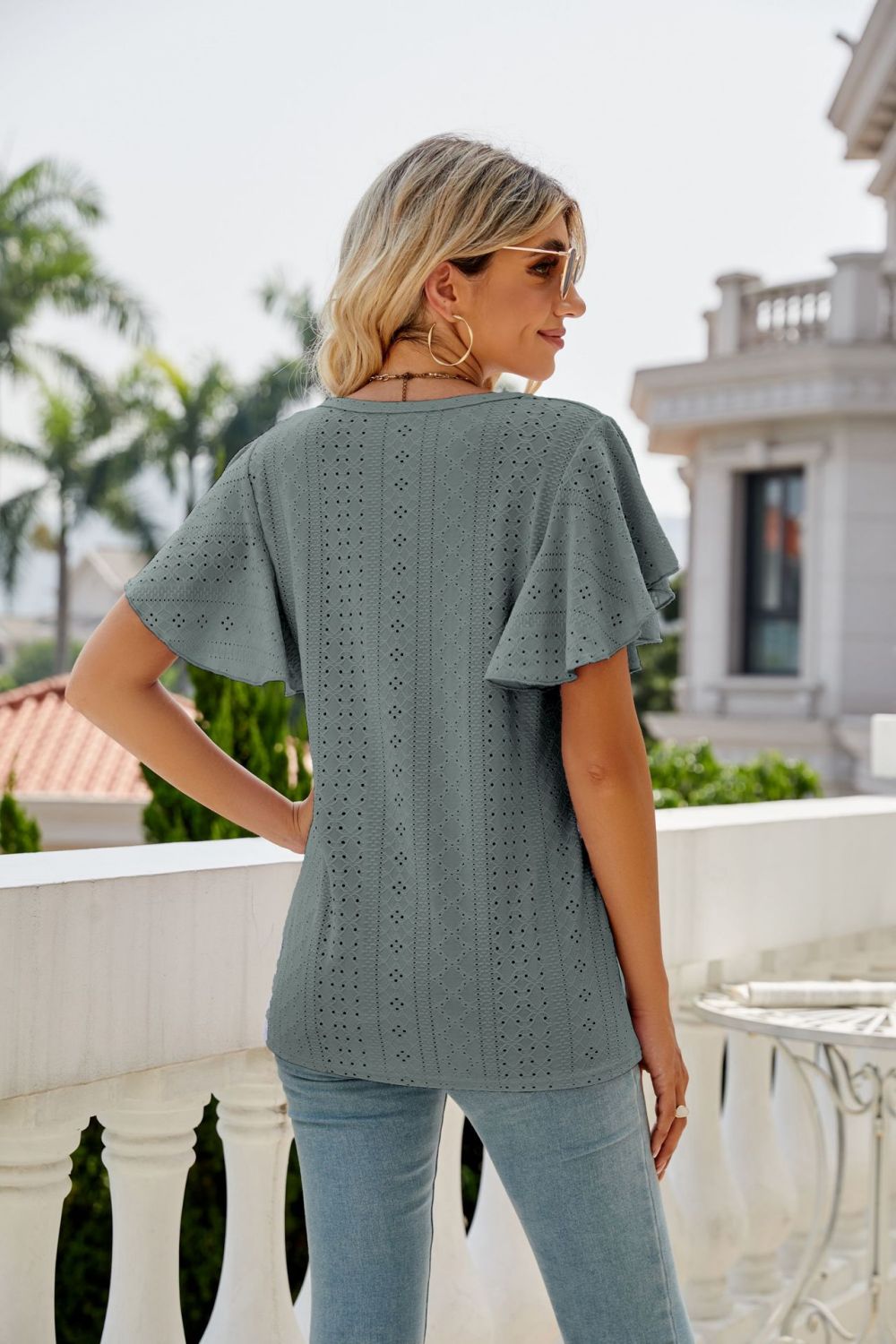 Eyelet Flutter Sleeve Round Neck Top - p9nstyle