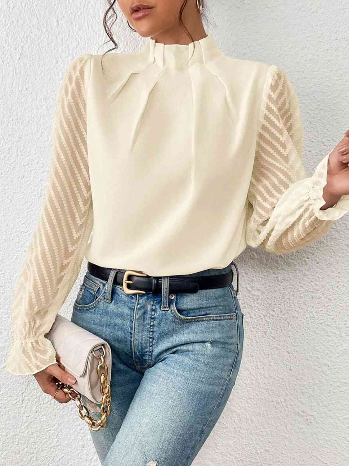 Mock Neck Flounce Sleeve Blouse - p9nstyle