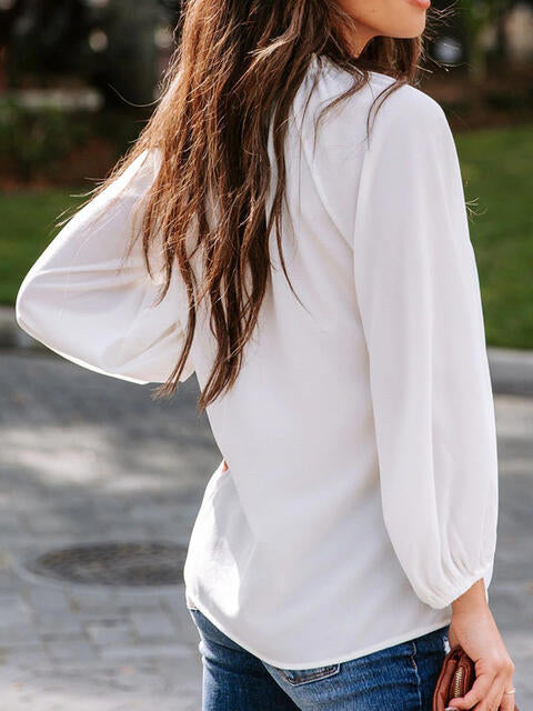 Notched Neck Long Sleeve Blouse - p9nstyle