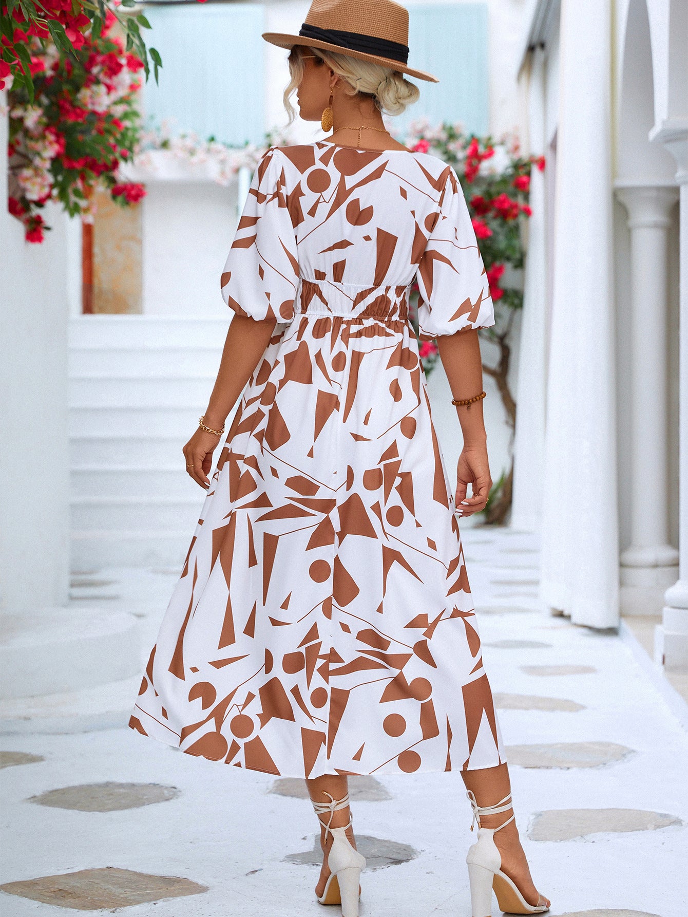 Printed Surplice Balloon Sleeve Dress - p9nstyle