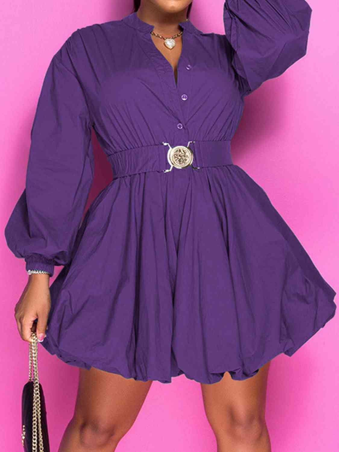 Button Up Balloon Sleeve Dress - p9nstyle