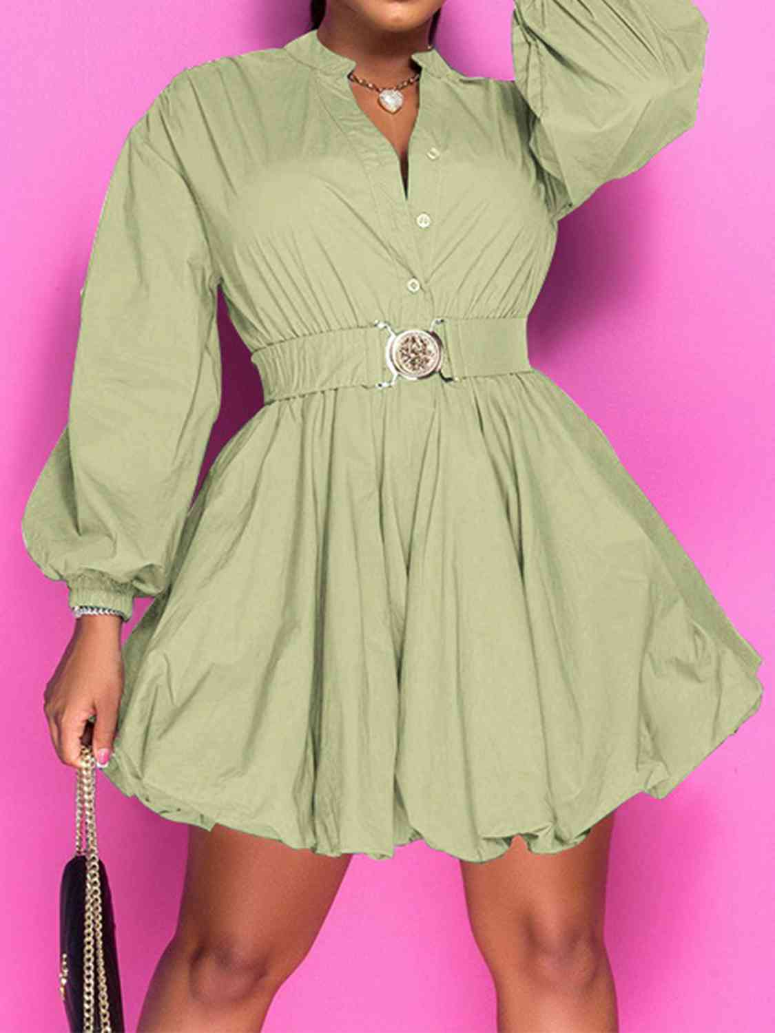 Button Up Balloon Sleeve Dress - p9nstyle