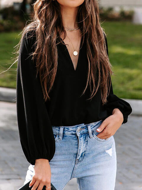 Notched Neck Long Sleeve Blouse - p9nstyle