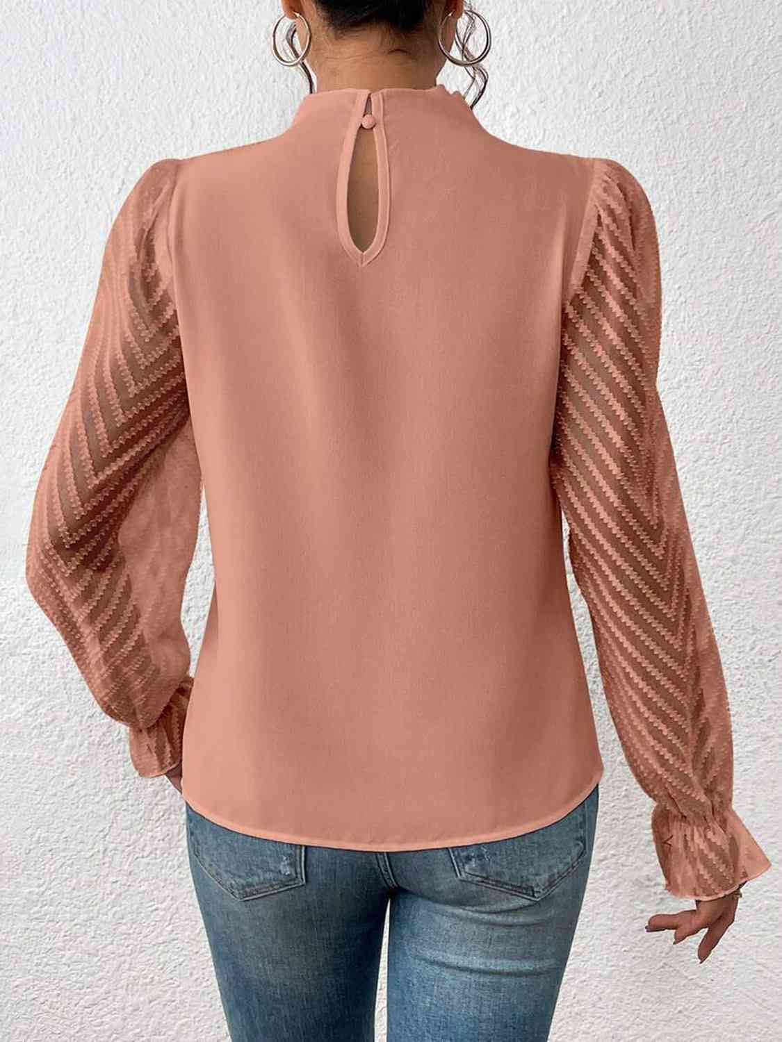 Mock Neck Flounce Sleeve Blouse - p9nstyle