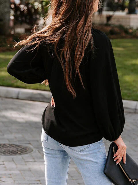 Notched Neck Long Sleeve Blouse - p9nstyle