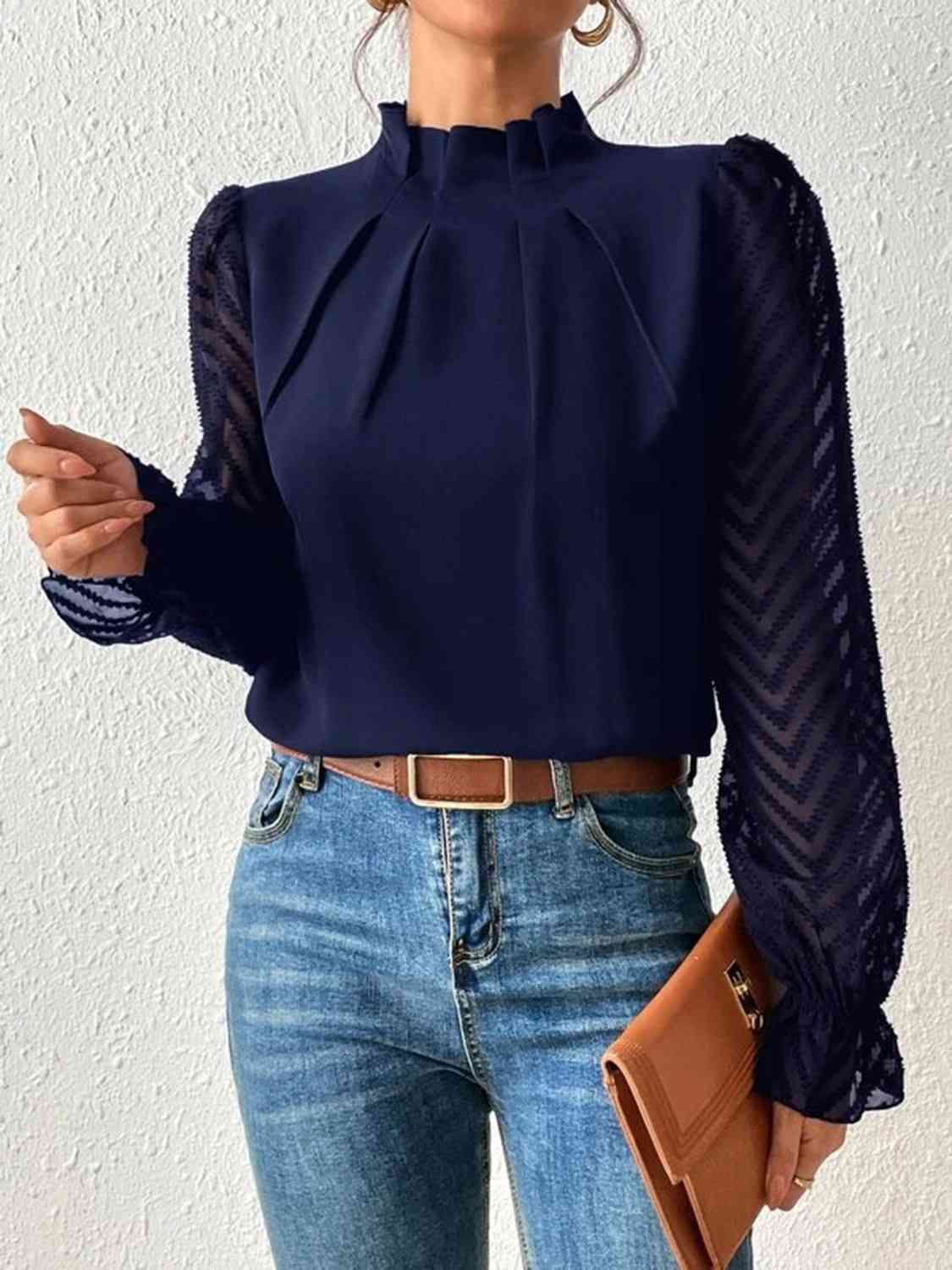 Mock Neck Flounce Sleeve Blouse - p9nstyle