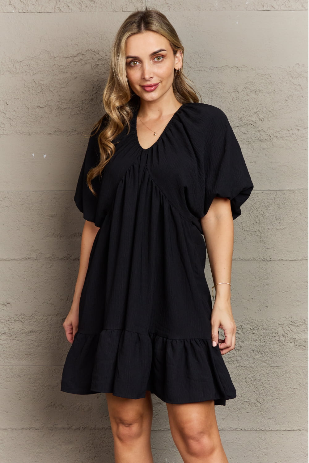 Double V-Neck Puff Sleeve Mini Dress - p9nstyle