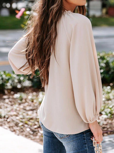 Notched Neck Long Sleeve Blouse - p9nstyle