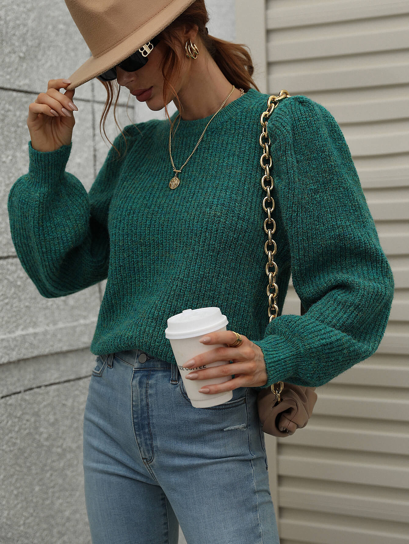 Heathered Long Lantern Sleeve Rib-Knit Sweater - p9nstyle