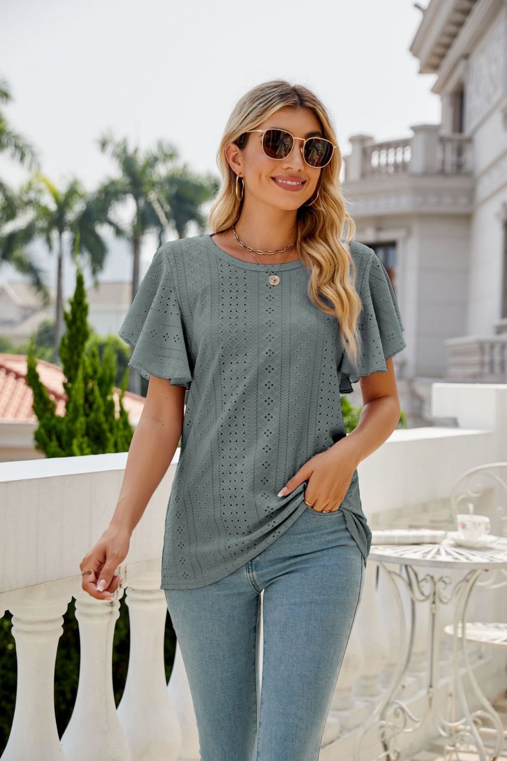 Eyelet Flutter Sleeve Round Neck Top - p9nstyle