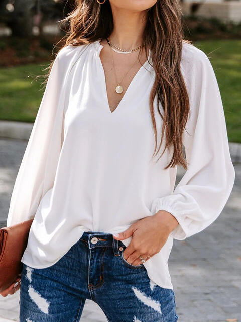 Notched Neck Long Sleeve Blouse - p9nstyle