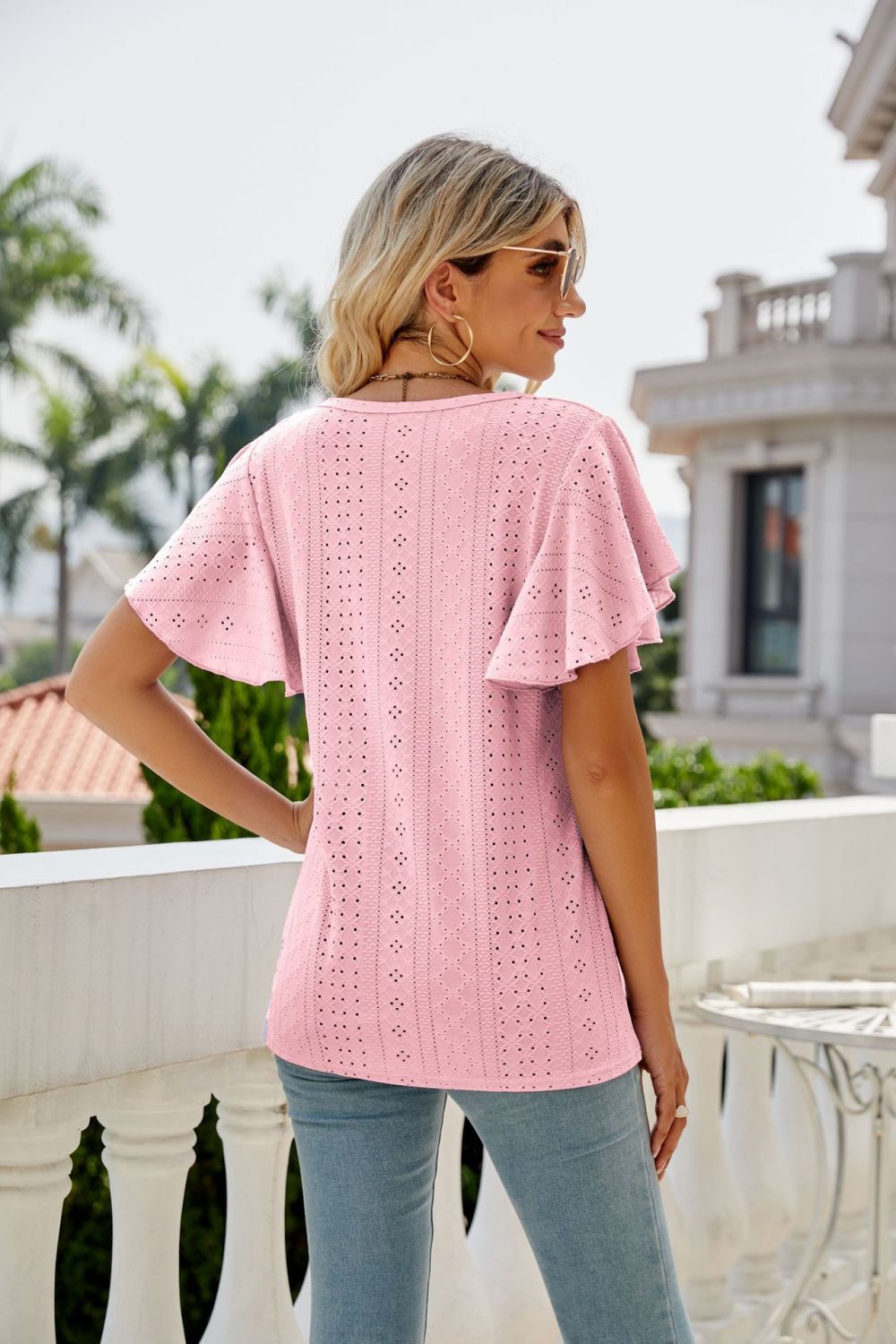 Eyelet Flutter Sleeve Round Neck Top - p9nstyle