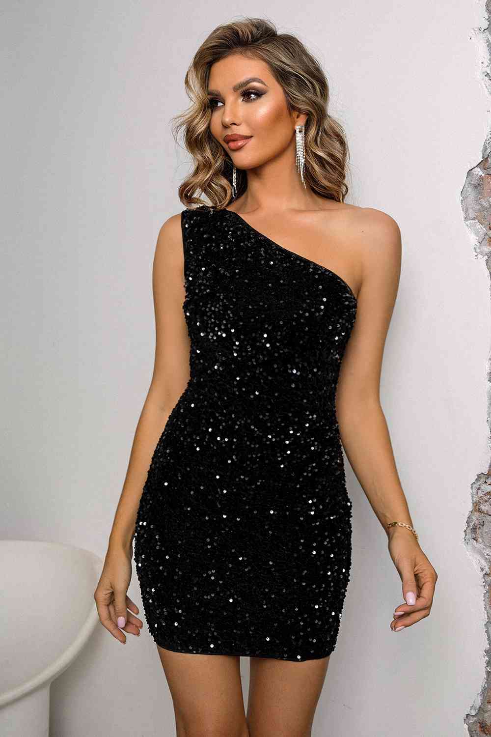 Sequin Lace-Up One-Shoulder Bodycon Dress - p9nstyle