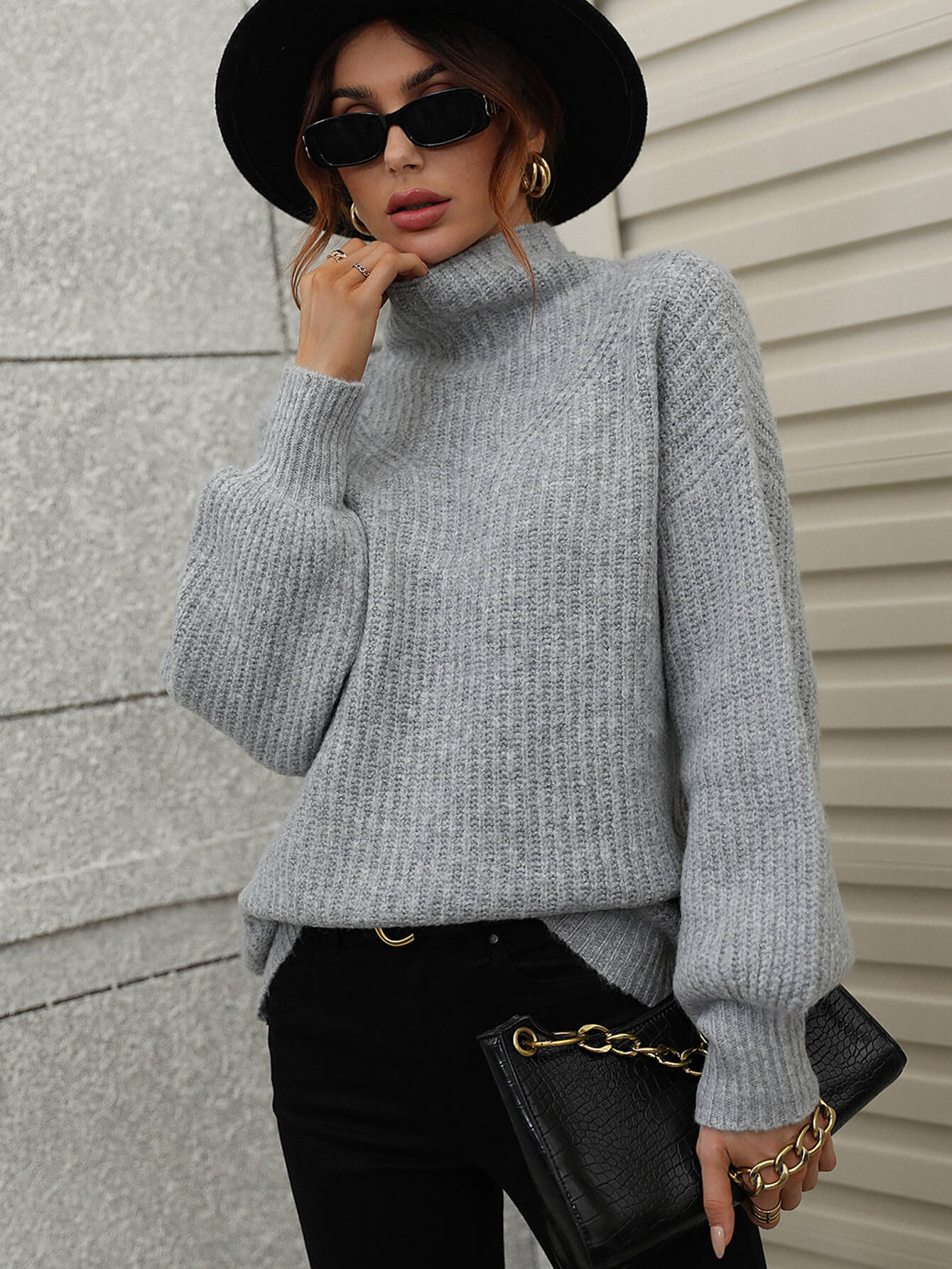 High Neck Balloon Sleeve Rib-Knit Pullover Sweater - p9nstyle