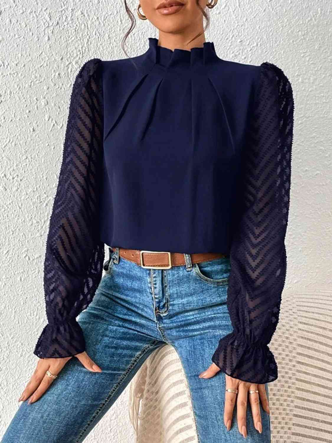 Mock Neck Flounce Sleeve Blouse - p9nstyle