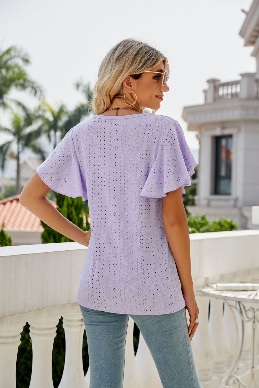 Eyelet Flutter Sleeve Round Neck Top - p9nstyle