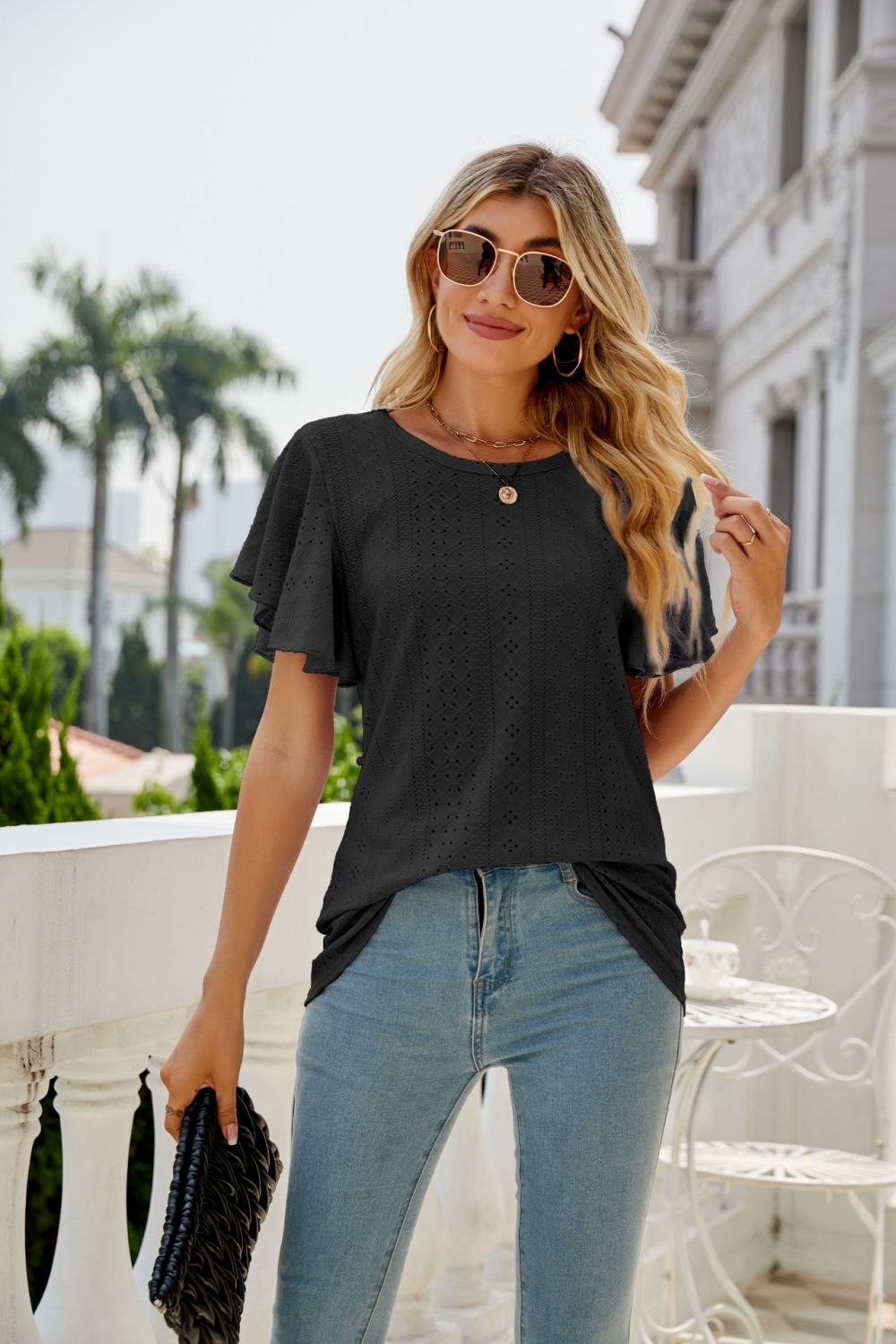 Eyelet Flutter Sleeve Round Neck Top - p9nstyle