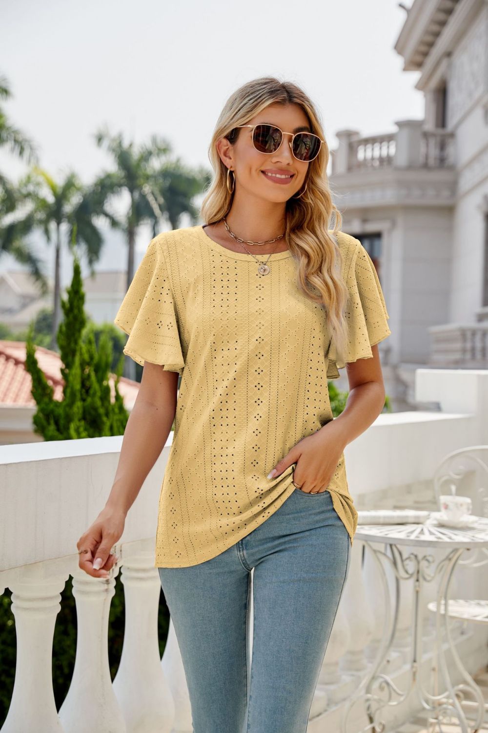 Eyelet Flutter Sleeve Round Neck Top - p9nstyle