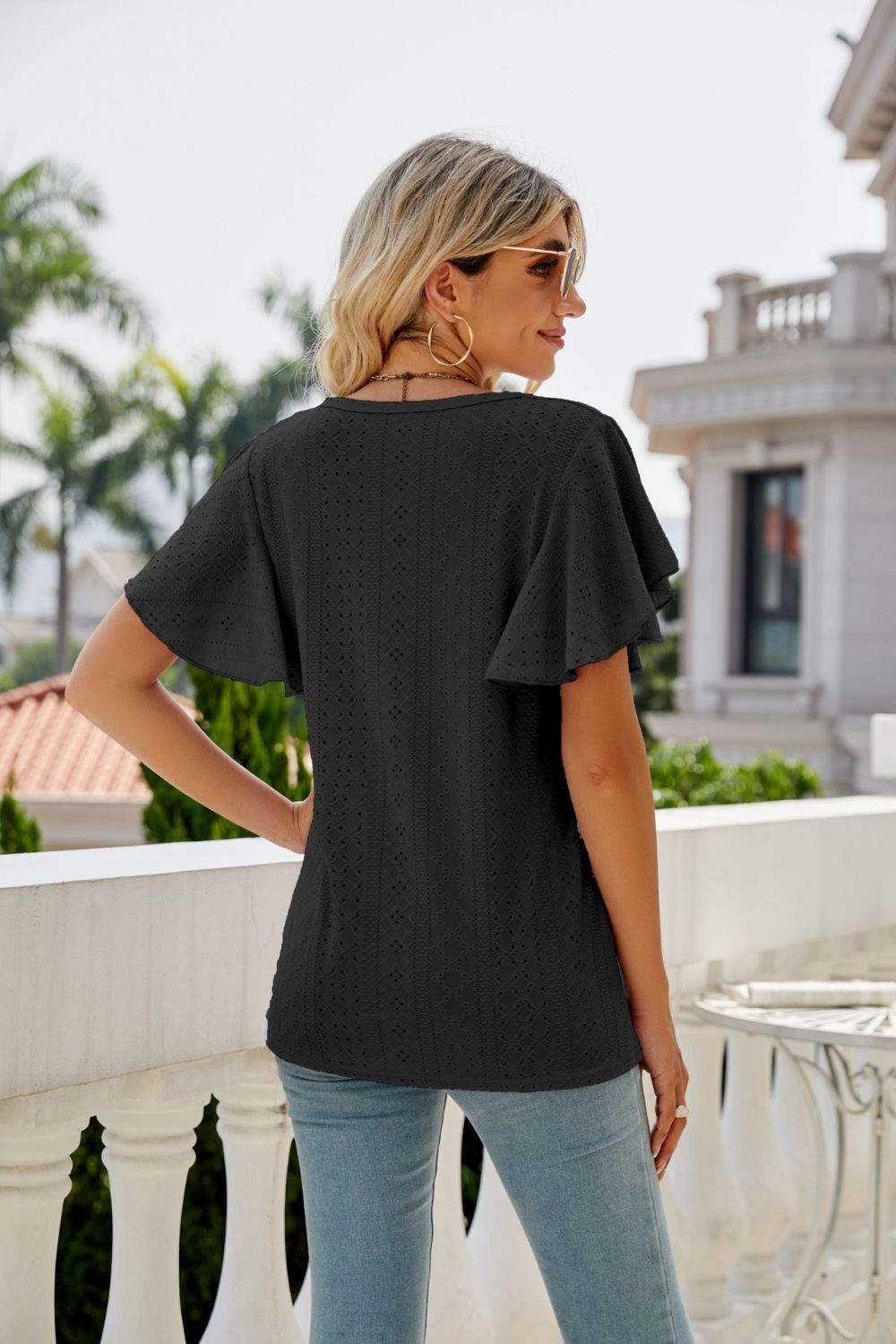 Eyelet Flutter Sleeve Round Neck Top - p9nstyle