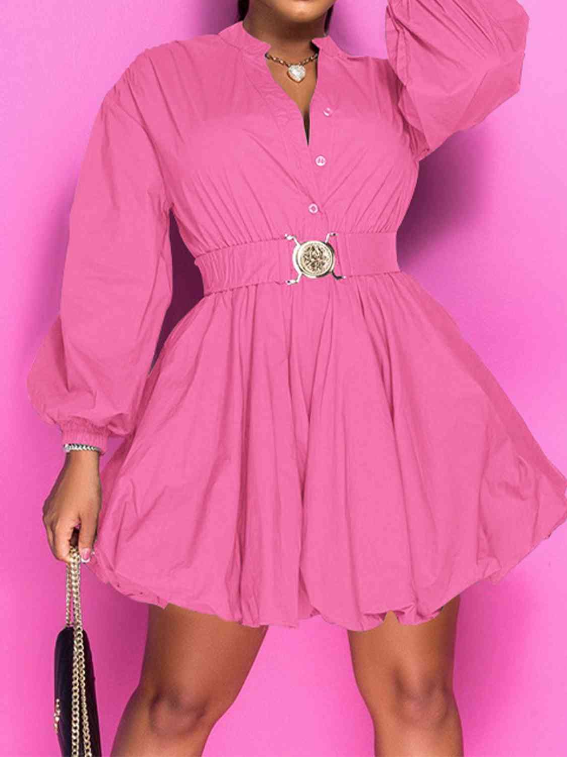 Button Up Balloon Sleeve Dress - p9nstyle